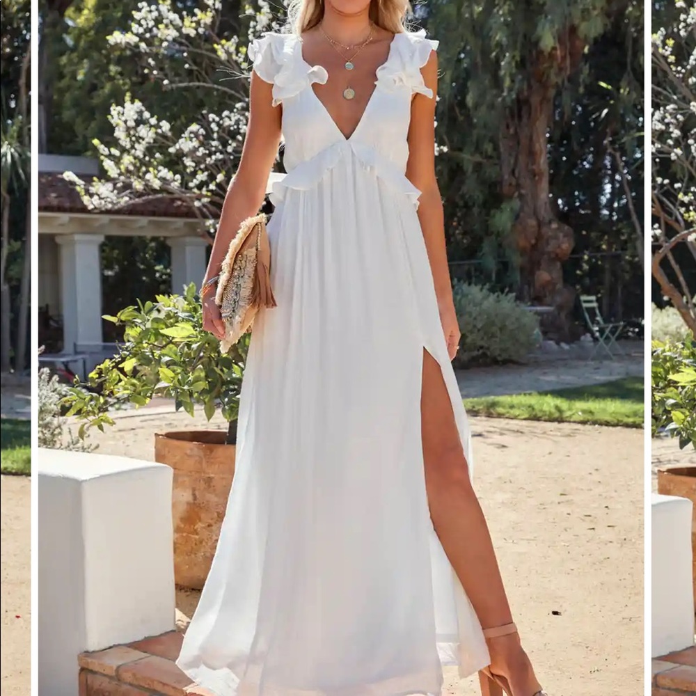 White ruffle maxi dress with slit